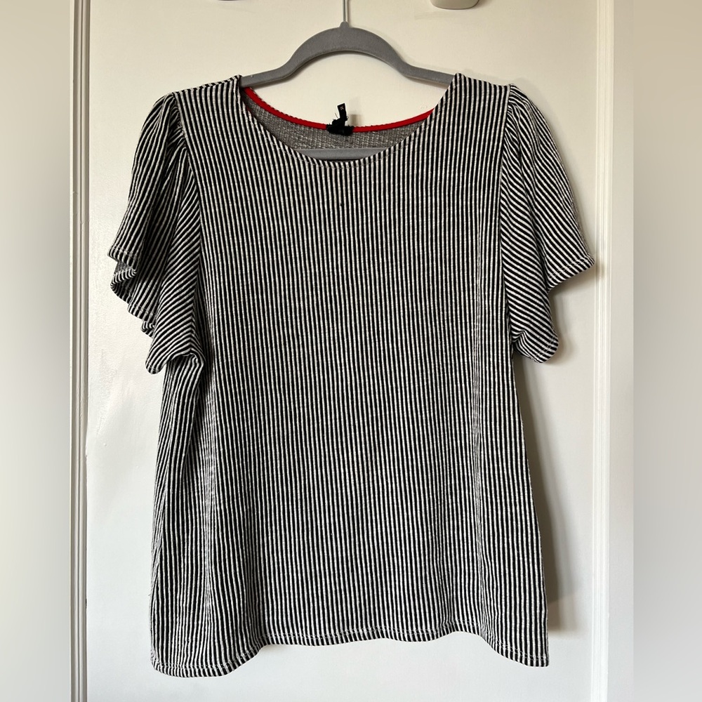 Black & White Striped Flutter Sleeve Blouse